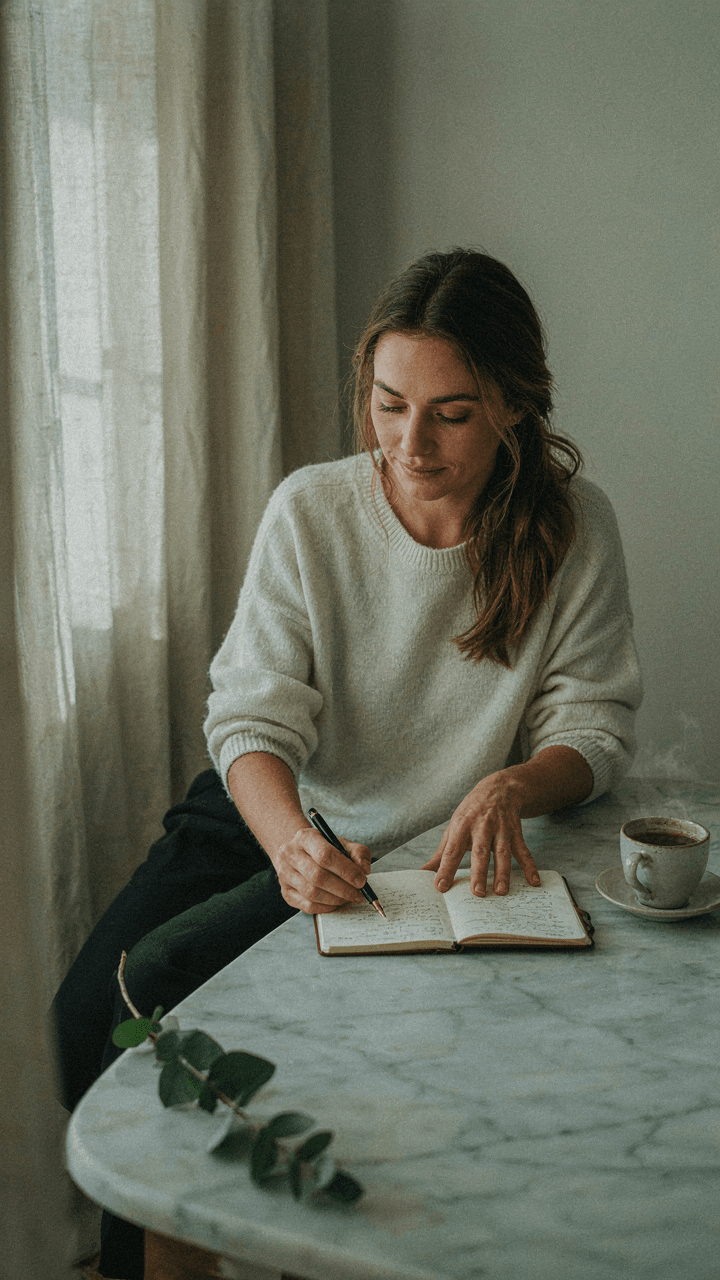 Woman thoughtfully reviews notes in a small notebook with a pen at a table.