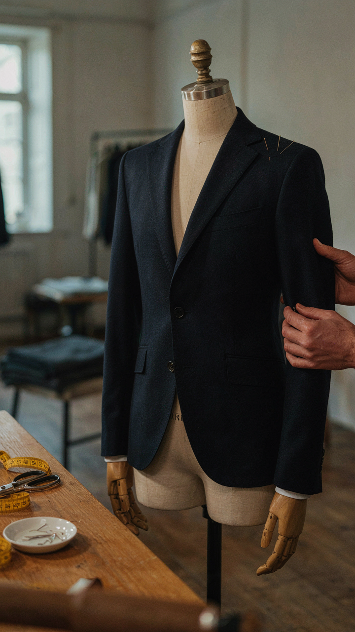A tailor's hand adjusts the sleeve of a navy blazer on a mannequin.