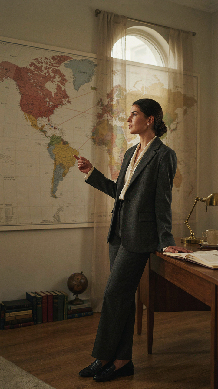 A professional woman studies a world map highlighting different industry sectors.