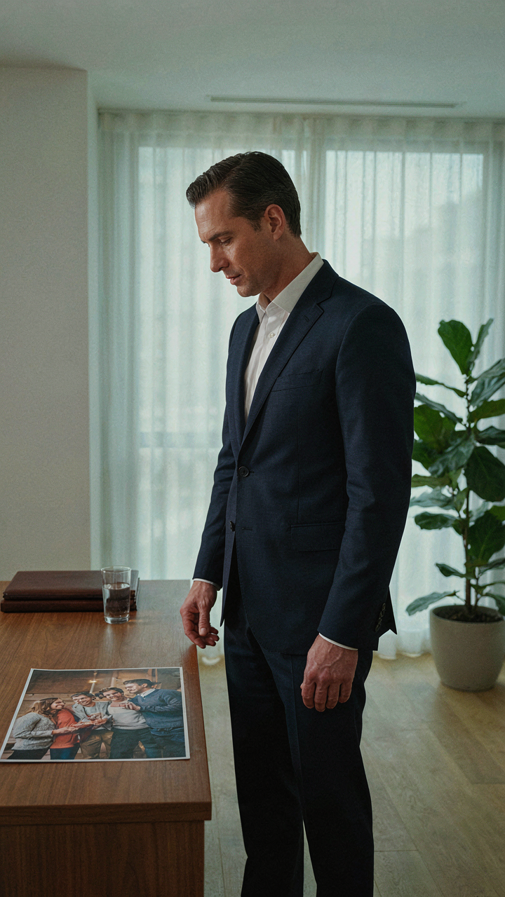An executive in a sharp suit looks at a photo of last year's casual holiday party dress code.
