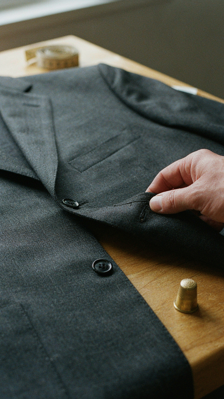 A hand examines the precise seam construction of a well-made blazer.