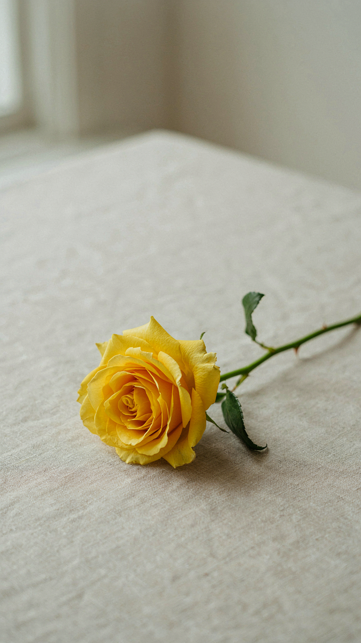 A single vibrant yellow rose is placed off-center on a neutral-toned table.