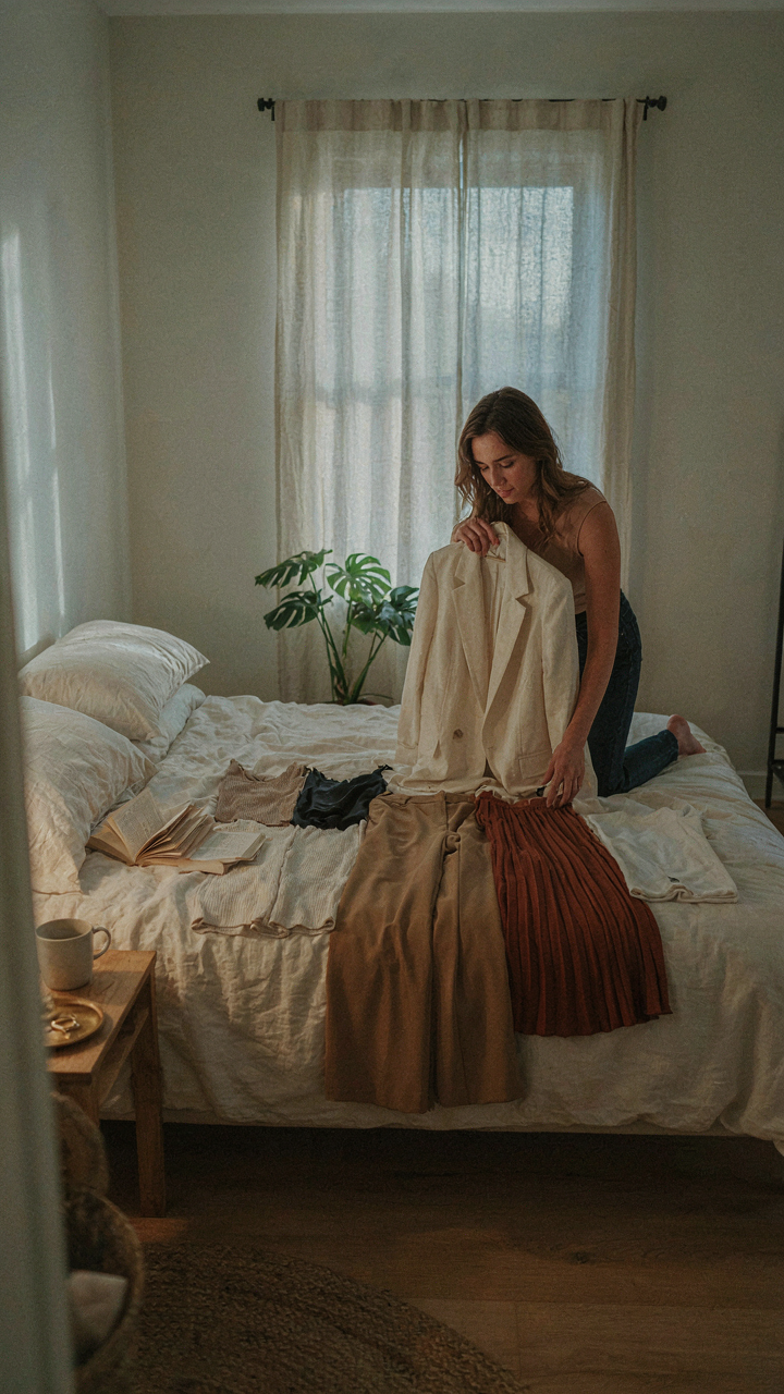 A woman plans outfits by combining a blazer with different clothes on a bed.