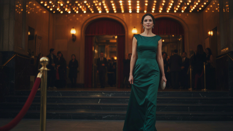 A woman in an elegant evening dress walks toward a grand theater entrance.