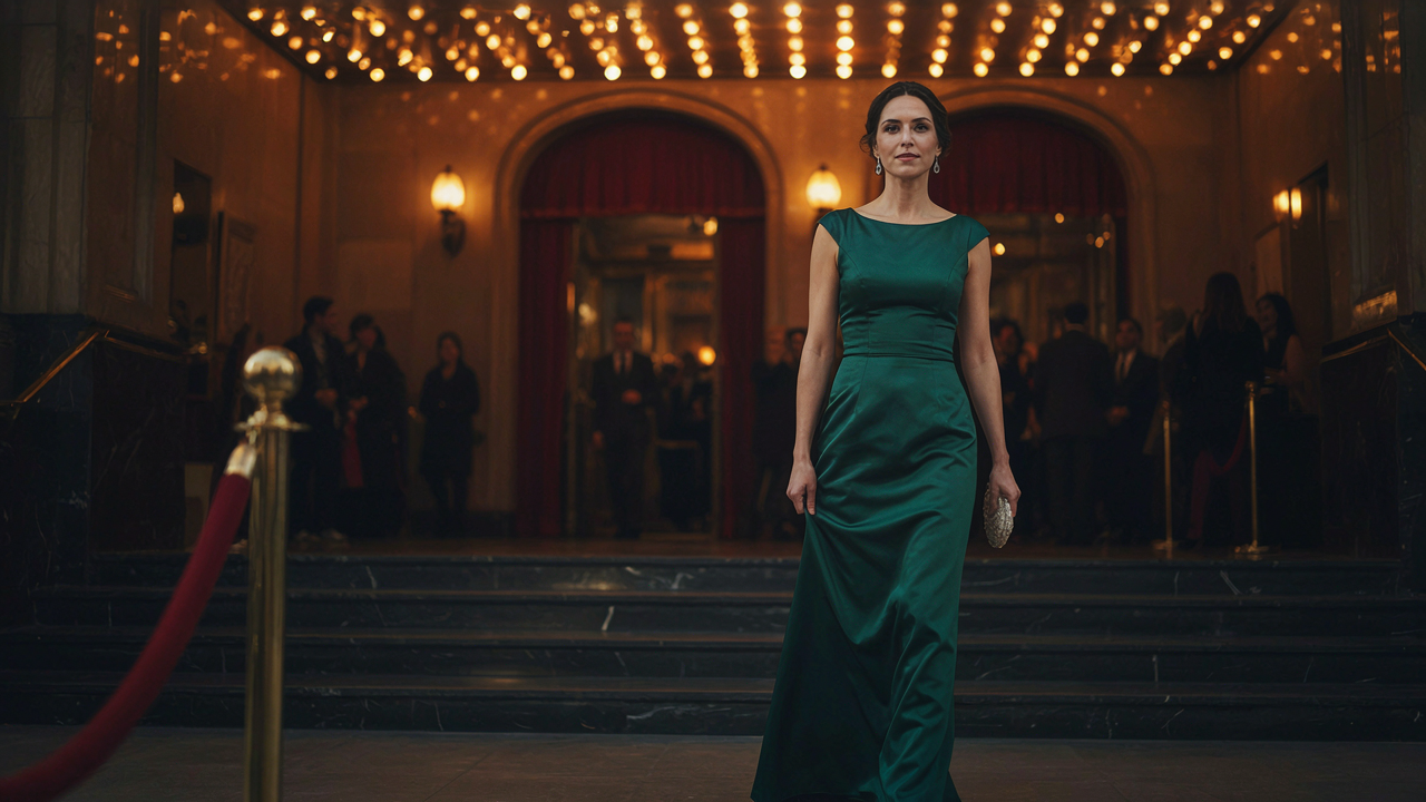 A woman in an elegant evening dress walks toward a grand theater entrance.