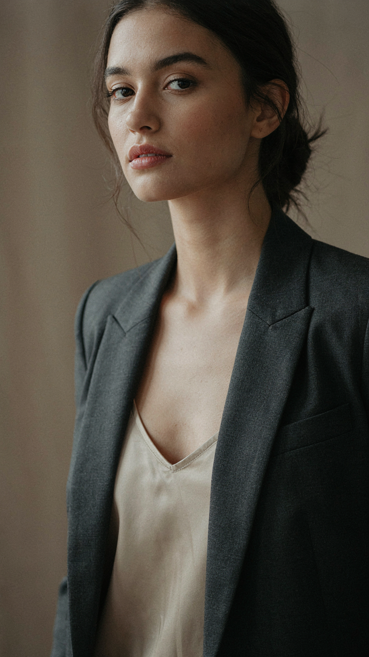 A woman wears a tailored blazer over a fluid silk camisole.