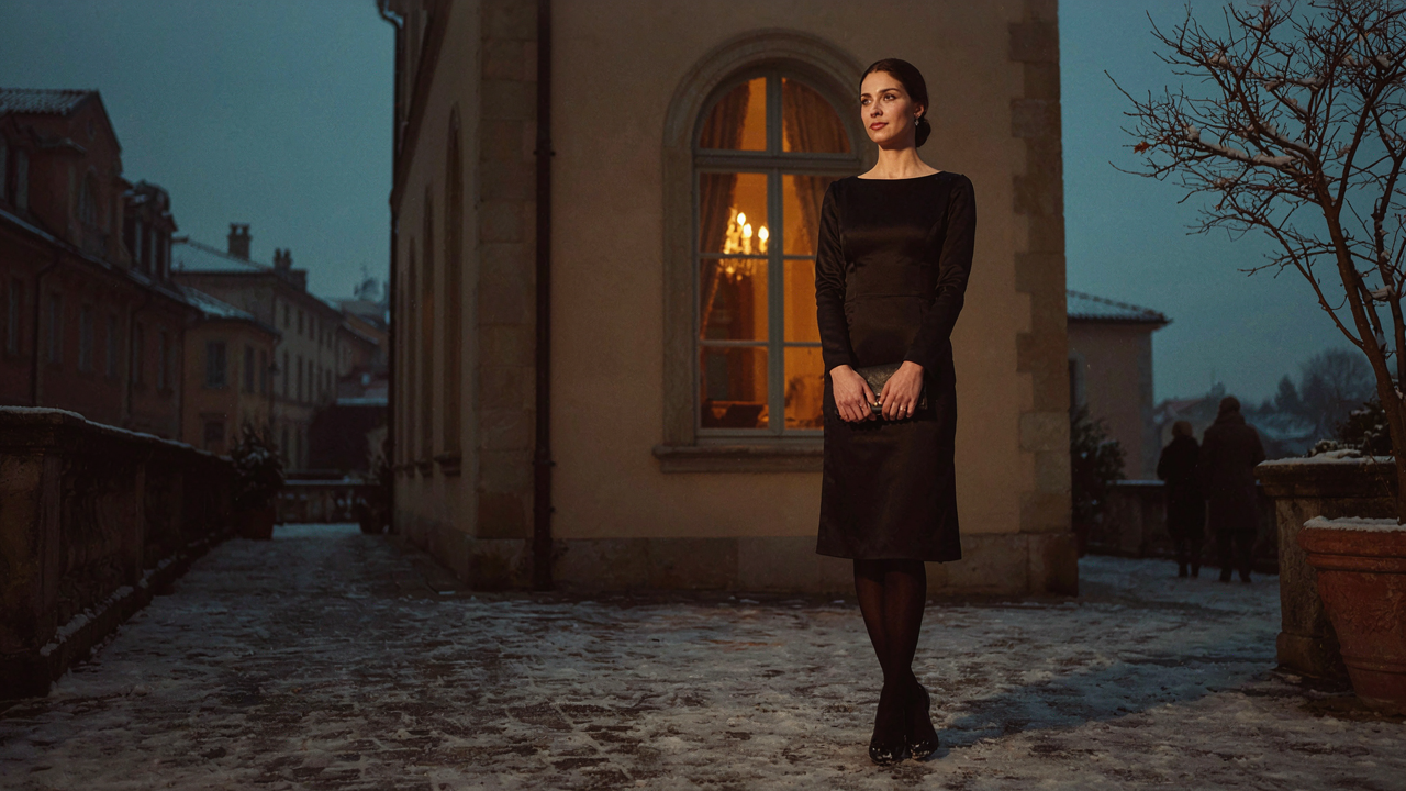 A woman wears a black cocktail dress and black opaque tights outdoors in cold weather.