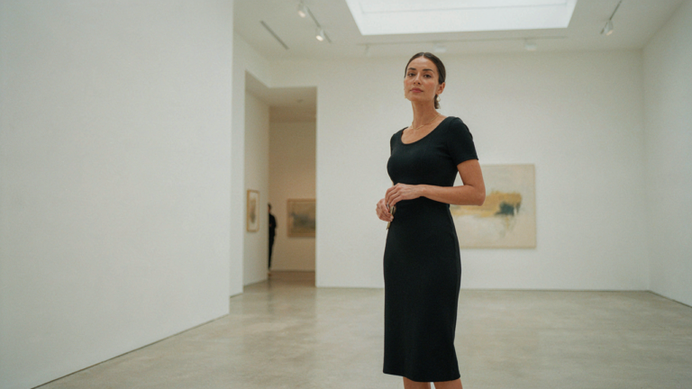 A woman in a black column dress, representing timeless evening outfits women, in an art gallery.