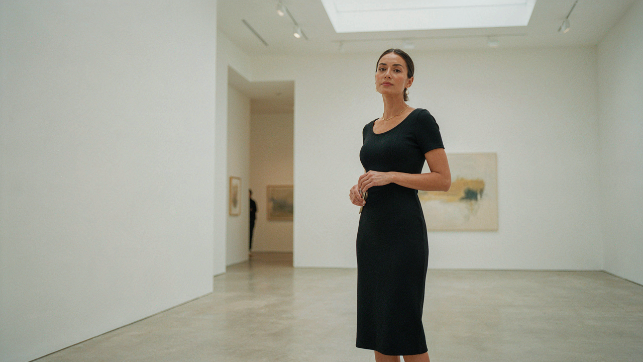 A woman in a black column dress, representing timeless evening outfits women, in an art gallery.