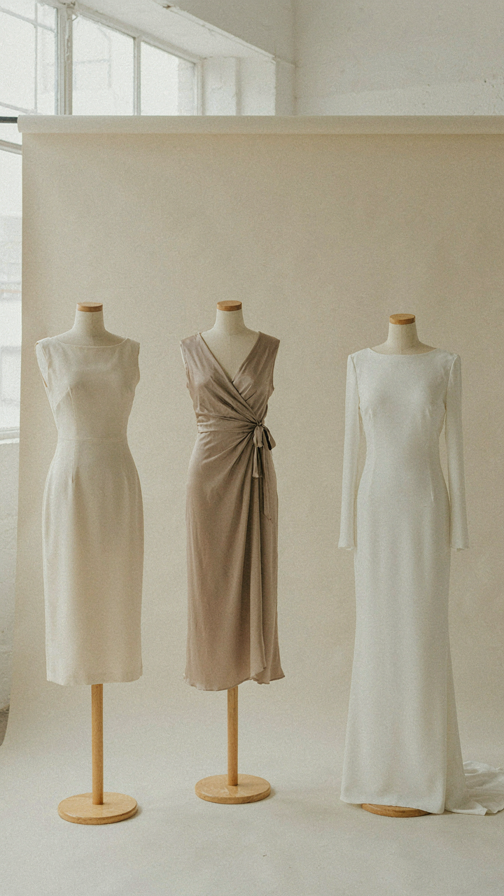 Classic dress silhouettes: a sheath, a wrap, and a column gown.