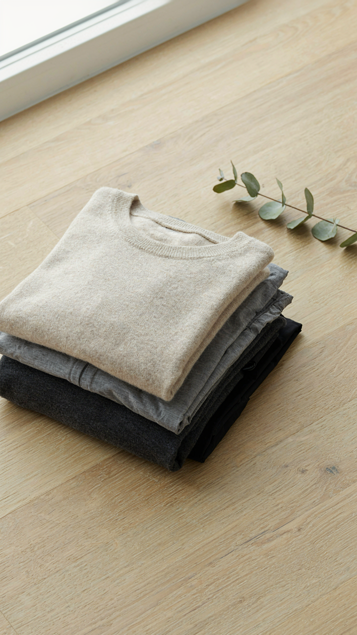 A small pile of quick-dry clothes demonstrates a minimalist capsule wardrobe.