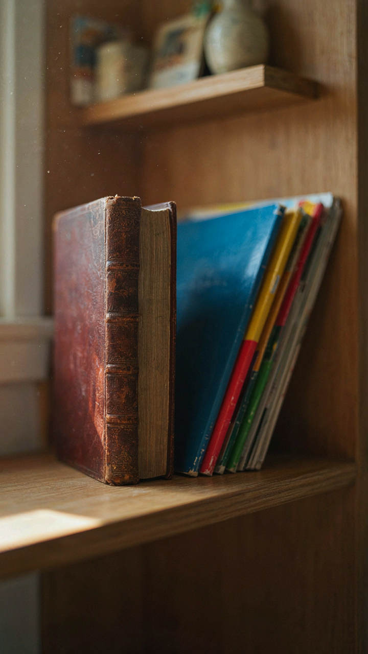 An old, sturdy leather book next to a stack of colorful magazines.