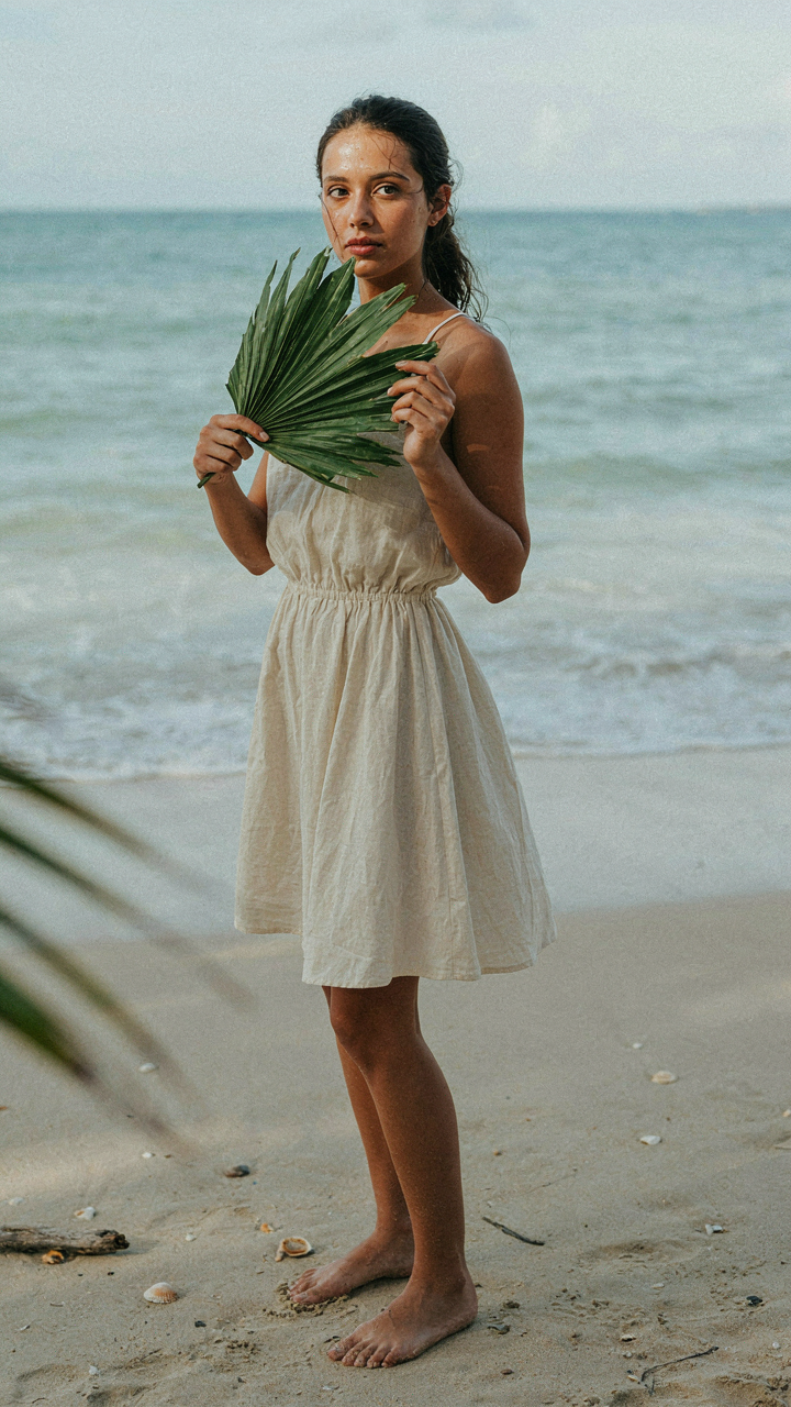 A woman in a linen tropical wedding guest dress fans herself on a humid beach.