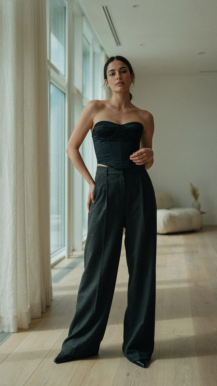 A woman in a black corset top and high-waisted, wide-leg trousers stands tall.