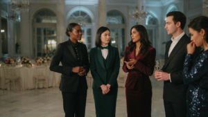 A group of diverse individuals wearing elegant tuxedo dresses at a smart evening event.