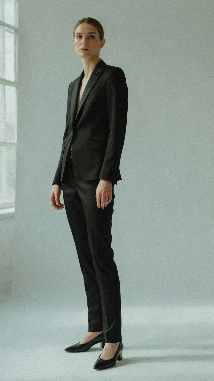 A minimalist, dark tuxedo dress outfit with a matte silk jacket.