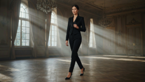 A woman in a black tuxedo jumpsuit walks confidently through a ballroom.