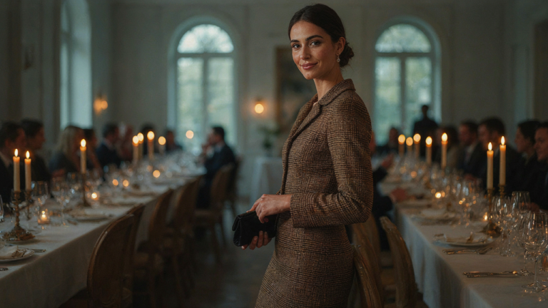 Woman in a stylish tweed jacket dressy outfit at a sophisticated dinner party.