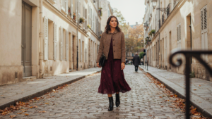 Woman wearing a tweed jacket with dress, walking on a street in cool weather.