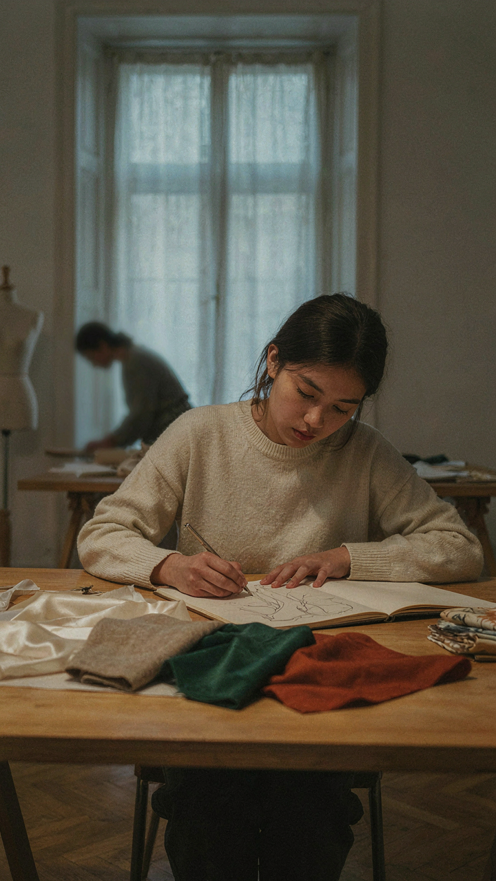 A person sketches a unique design surrounded by fabric swatches.