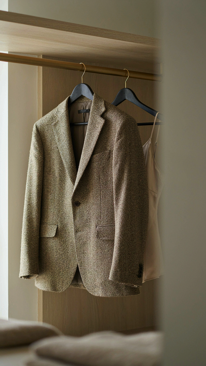 A tailored tweed blazer hangs alone in a simple, uncluttered closet.