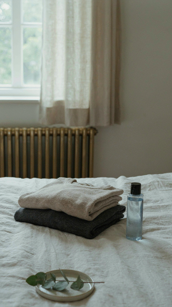 Merino wool base layer tops and travel detergent sit on a bed.