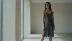 A person in a charcoal gray silk dress embodying understated elegance wedding guest outfit.