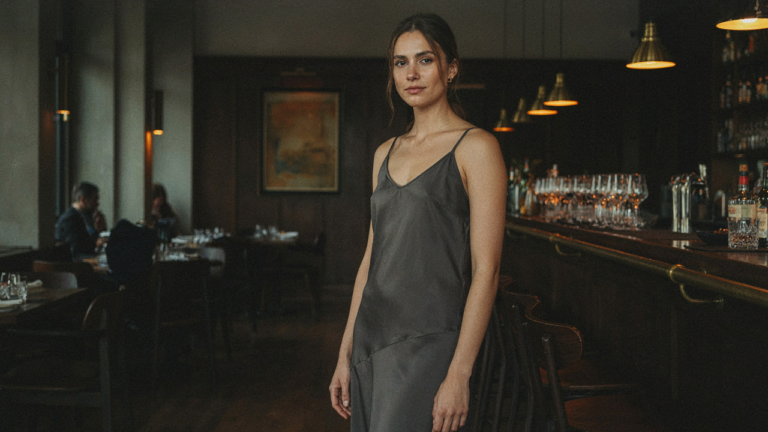 Woman in an understated elegant evening wear charcoal silk slip dress in a restaurant.