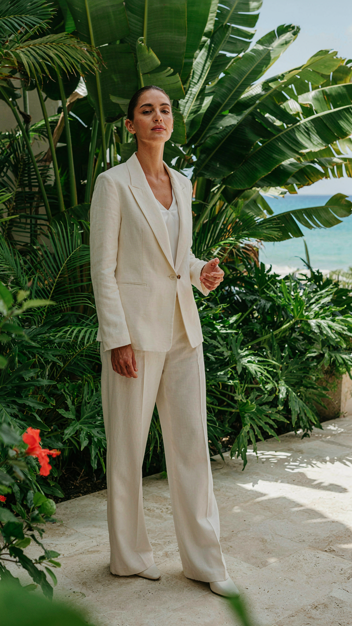 A woman in a structured cream linen suit stands confidently.