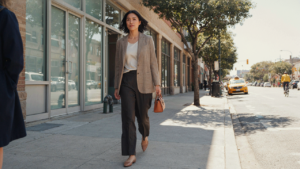 A woman confidently walks in an upscale casual outfit, wearing a linen blazer and trousers.