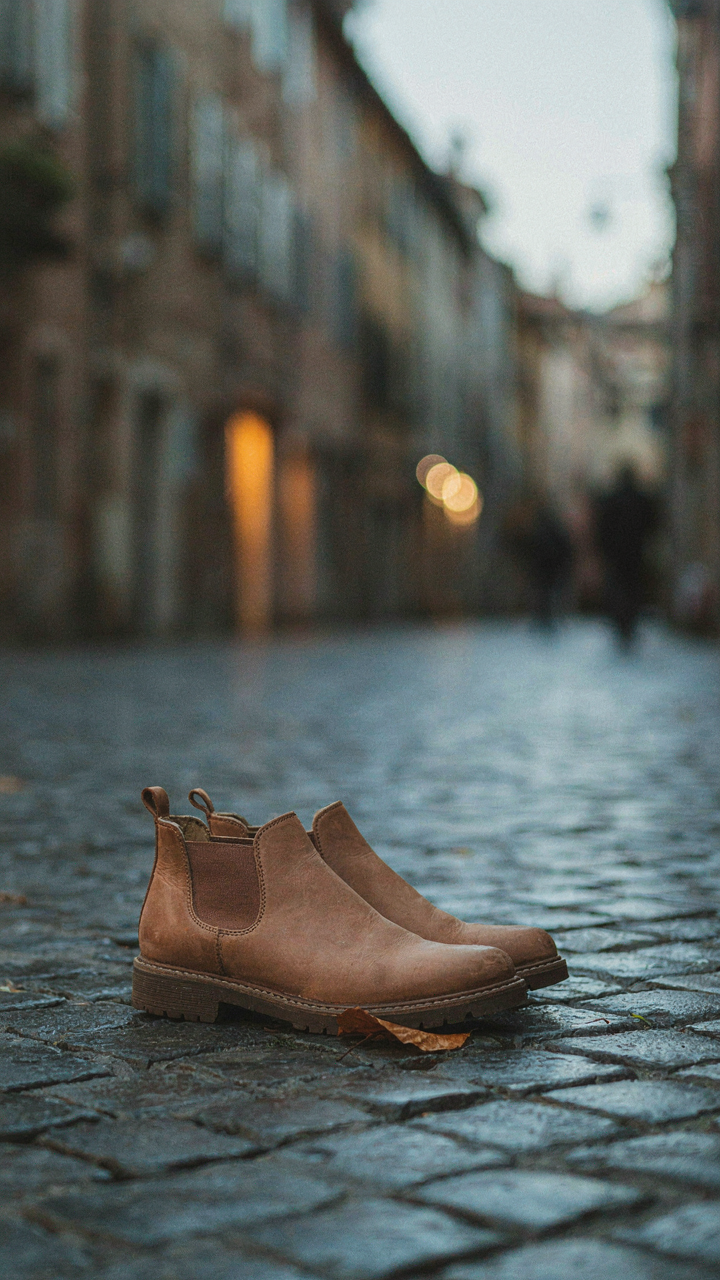 A pair of Chelsea boots on a cobblestone street in Europe.