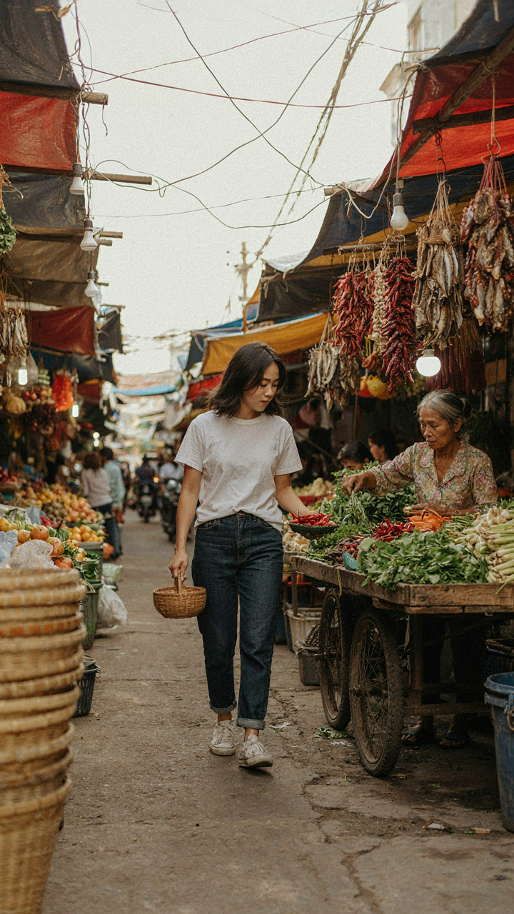 A person in a simple, consistent outfit walks confidently through a busy market.