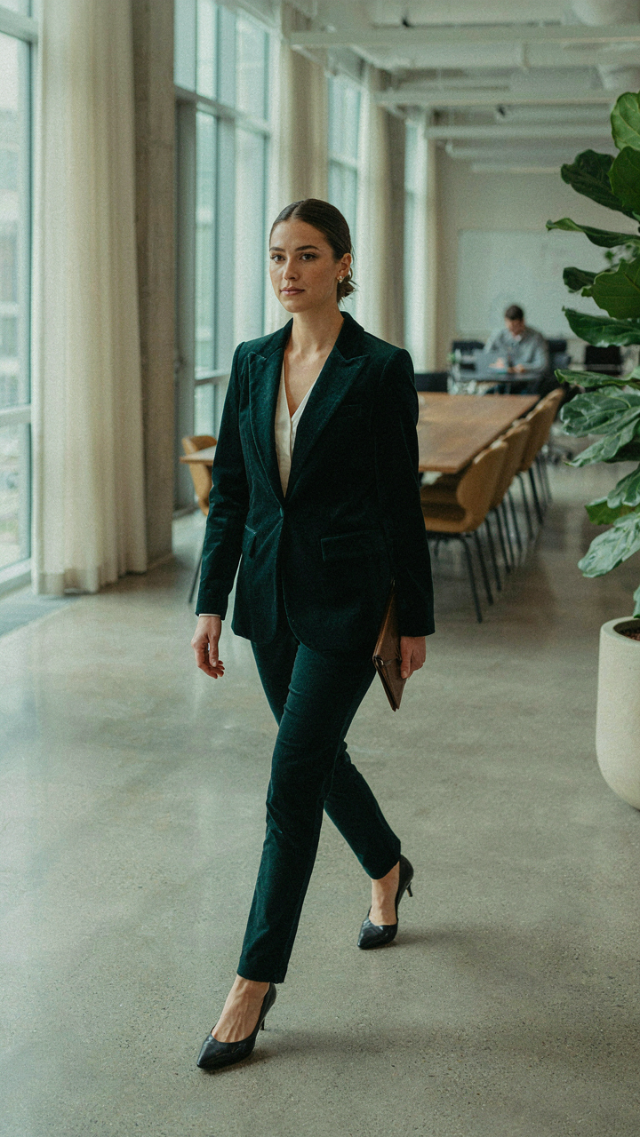 Woman in an impeccably fitted dark velvet blazer walking confidently in an office.