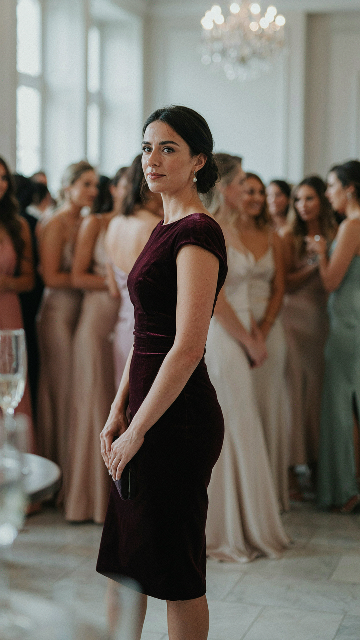 A woman in a deep plum velvet cocktail dress stands out in a crowd.