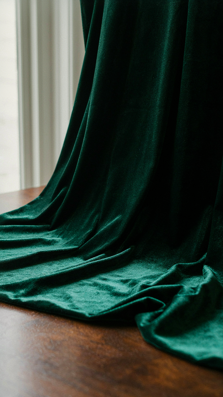 Rich, deep jewel-toned velvet fabric draped elegantly, absorbing light.