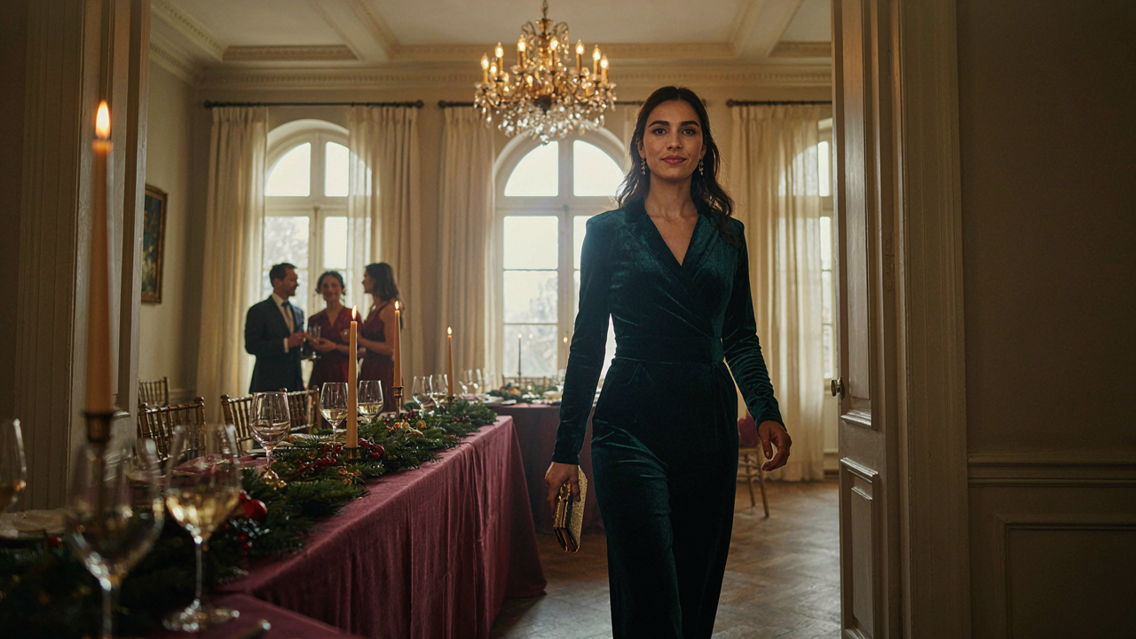Woman in an emerald velvet jumpsuit walks into a holiday party, confidently.