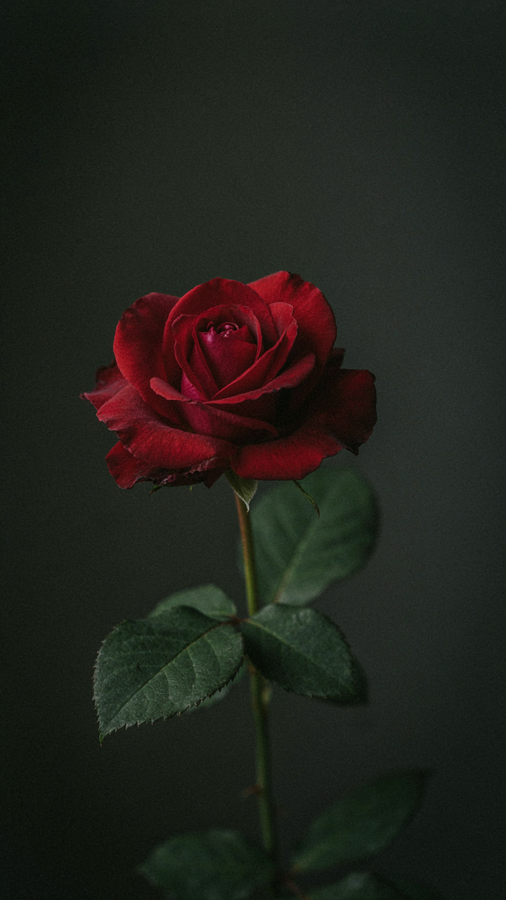 A single deep red rose with dark green leaves.