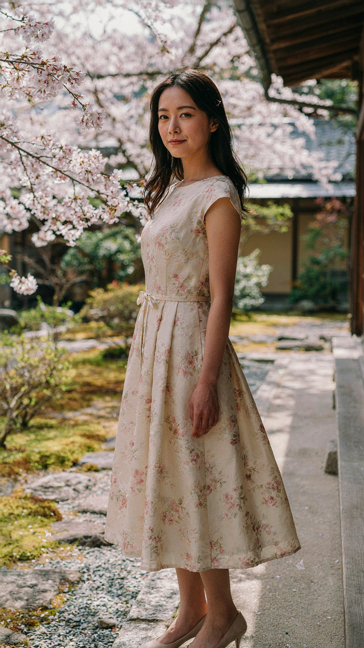 A Japanese woman wears a delicate floral dress with cherry blossoms.