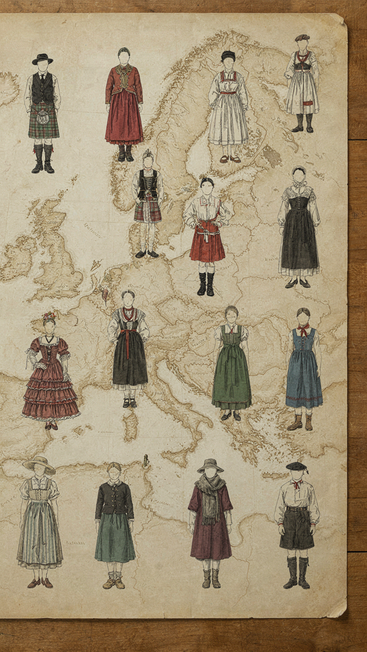 A map with sketches of different regional dress styles, showing cultural details.