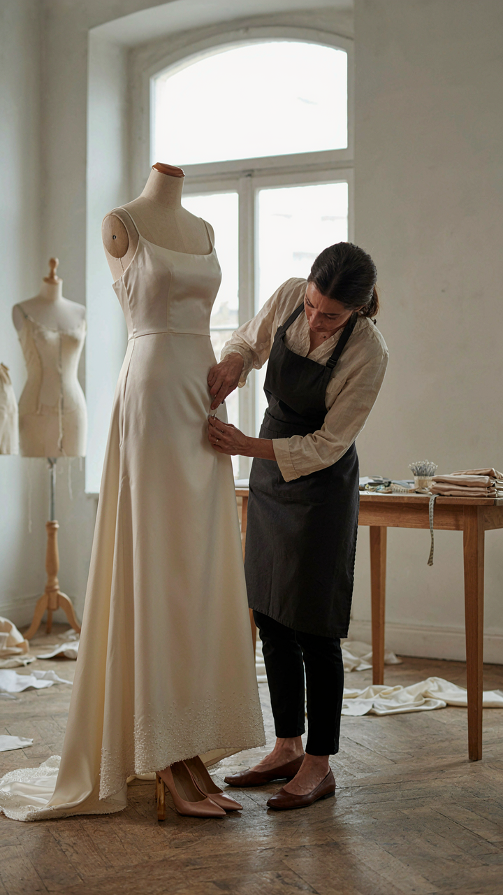 A tailor measuring the hem of a long evening gown on a mannequin.