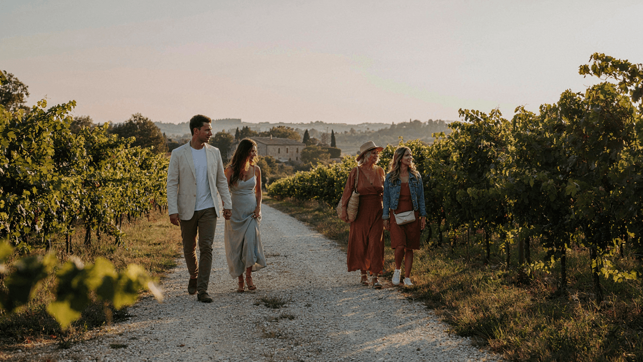 Guests walk through a vineyard in elegant, comfortable clothing at golden hour.