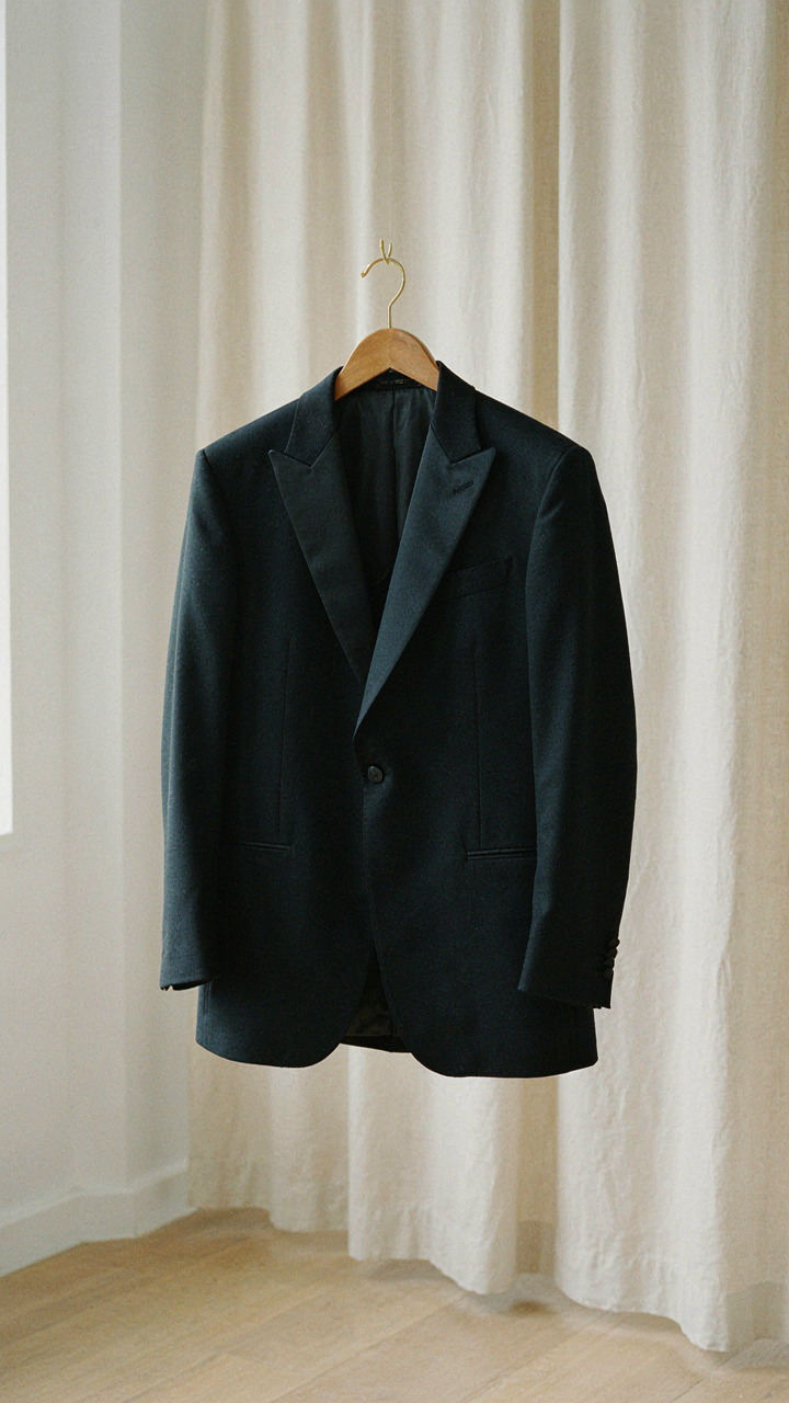 A vintage tuxedo jacket hangs, showing precise lapel angles.