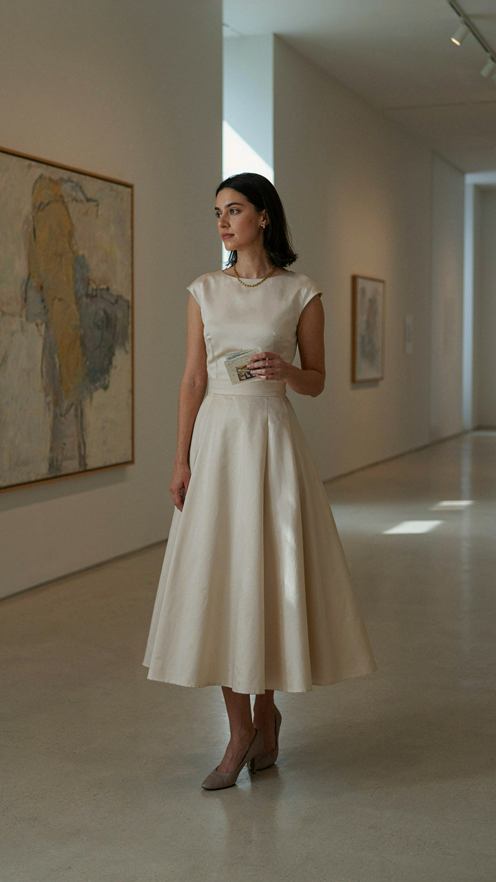 A woman wears a vintage style wedding guest dress with modern accessories.