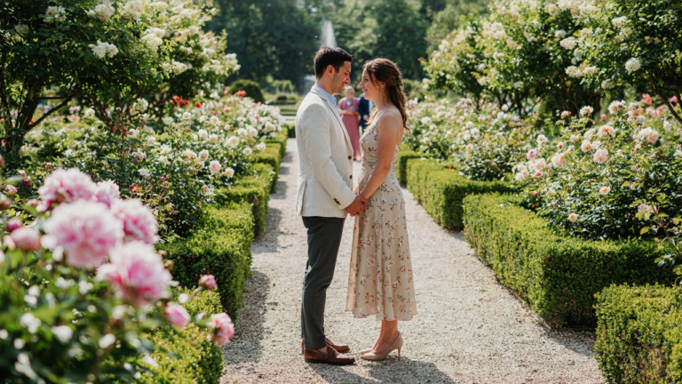 A smiling couple in elegant vow renewal guest outfits in a bright garden.