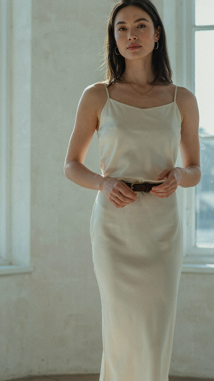 A woman wearing a dress with a dark belt placed at her natural waistline.