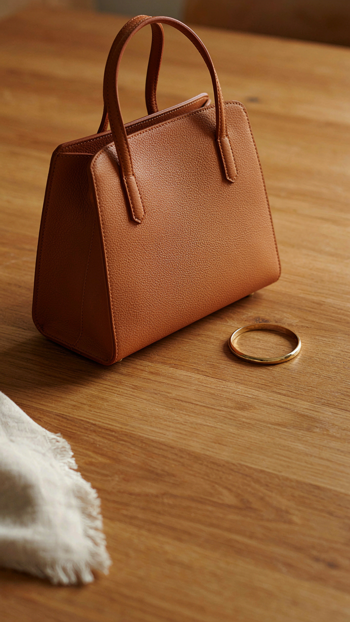 A structured leather handbag and a simple gold bracelet on a wooden table.