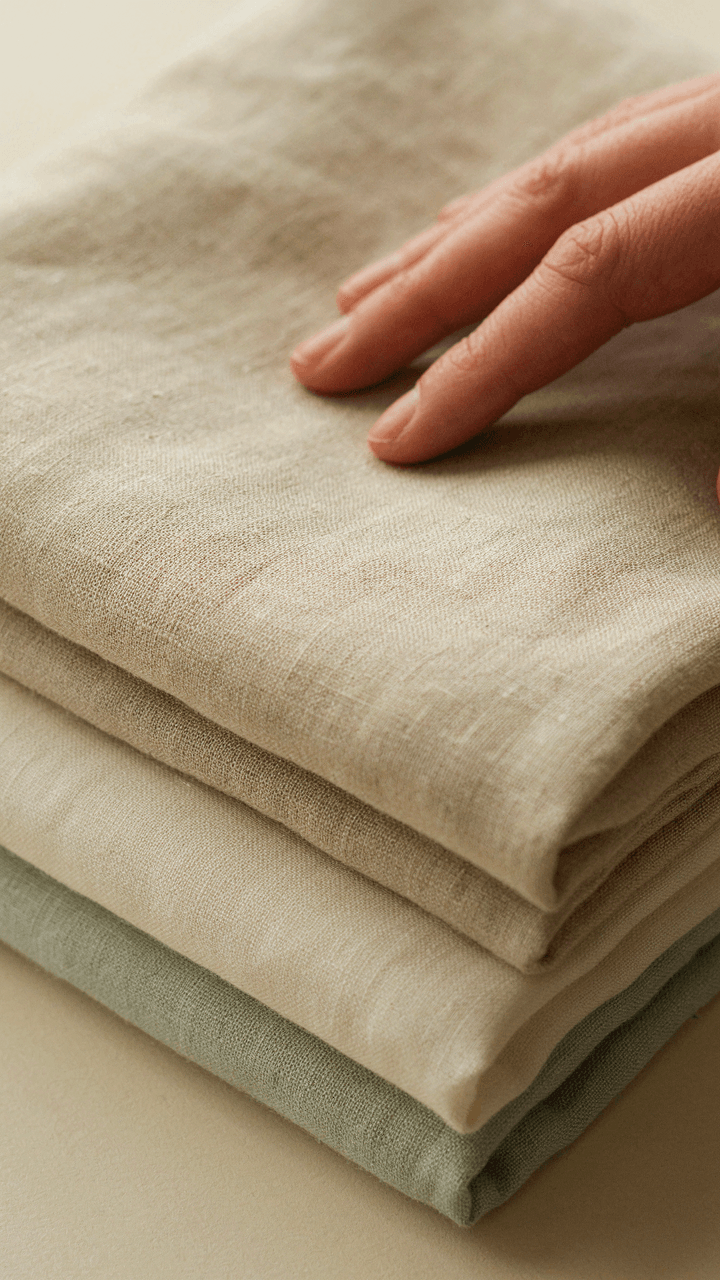 A hand touches crisp linen and soft cotton fabrics, showing natural fibers.