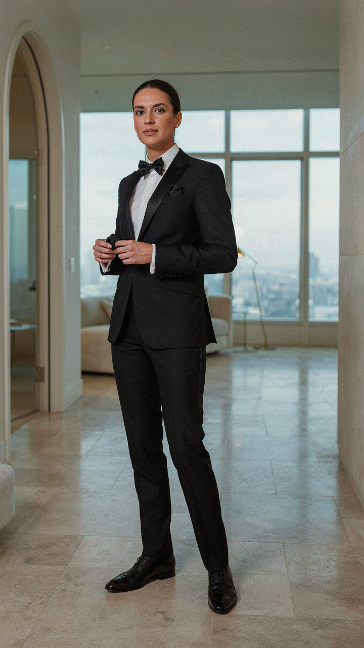 A woman wears a perfectly tailored black tuxedo in a luxurious setting.