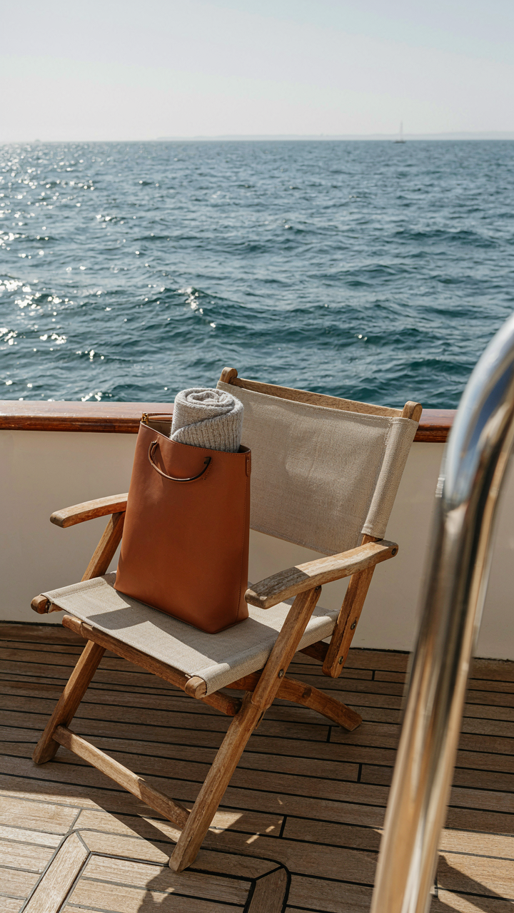 Rolled merino wool wrap in a bag on a yacht deck chair.
