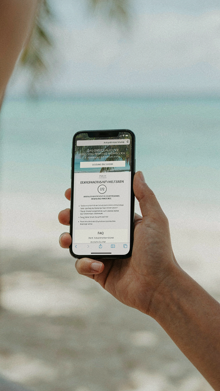 A hand holding a phone, viewing a wedding website's FAQ section.